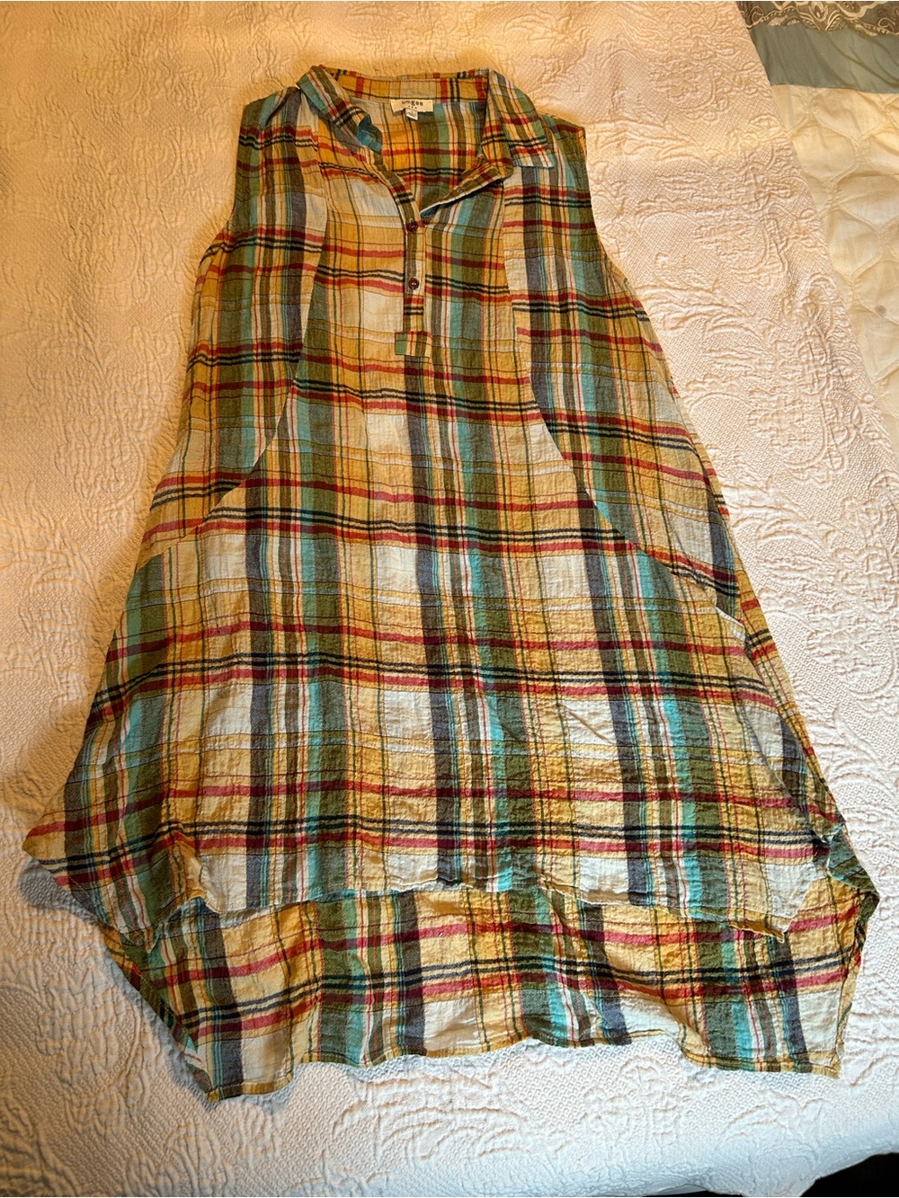 Sleeveless Plaid High Low Shirt Dress in Green and Yellow